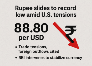 The rupee slides to record low amid U.S. tensions.